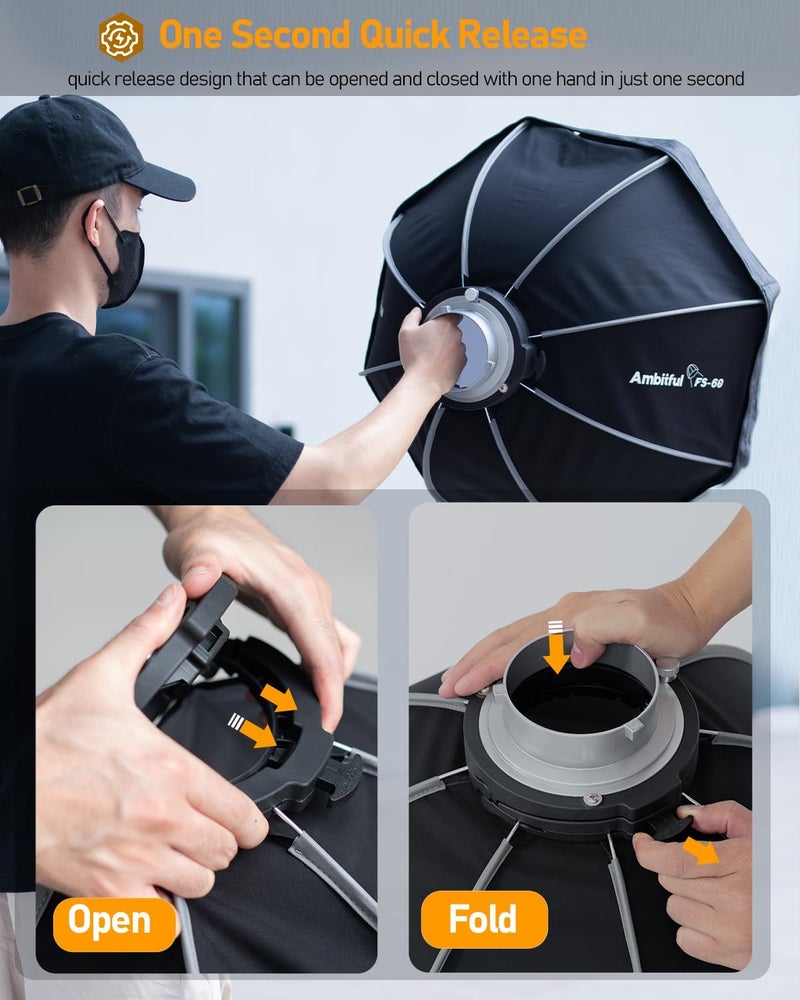 AMBITFUL 60cm/ 24inch Softbox Bowens Mount, Quick Release Octagonal Softbox with Diffusers/Honeycomb Grid/Bag, Photography softbox Compatible with Godox Aputure Video Studio Light (FS60) - Image 2